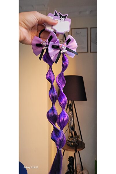 LO ADORO 2 Pieces Kuromi Anime Model Black Purple Satin Shiny Curl Braided Hair Model Length 42cm
