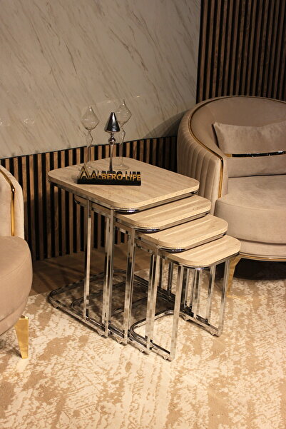 AlberoLife 4'lü Tekerlekli Koltuk Sehpası (KURULUM GEREKTİRMEZ) KROM AYAK TRA...