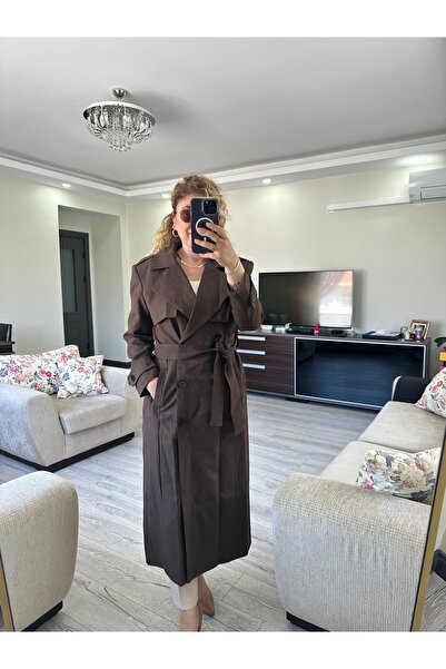 MUJUMMBUTİK Acı Kahve Süet Kuşaklı Trenç