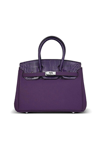 None شنطة نسائية وسط مقاس 25 سم قفل فضي لون بنفسجي كروك