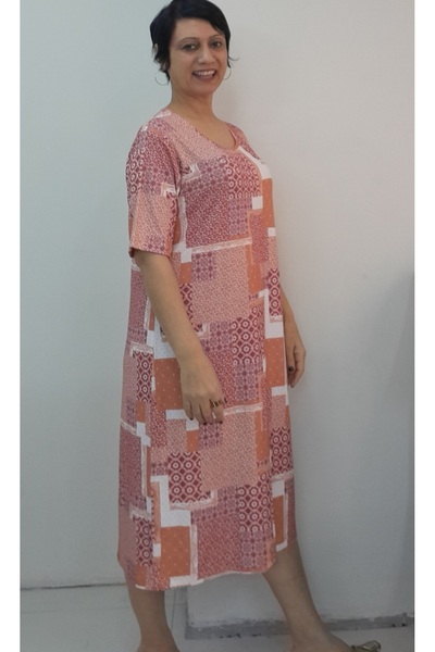 Mertcan Butik Tile White Burgundy Floral Print Short-Sleeved Combed Viscose Dress