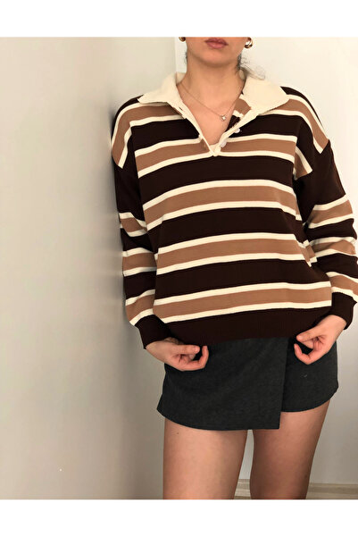 FREZZBİ Striped Buttoned Polo Neck Women's Knitwear Sweater