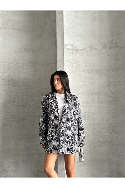 Lovely butik Oversize Leopard Printed Blazer Jacket with Two Buttons, Tok Fabric