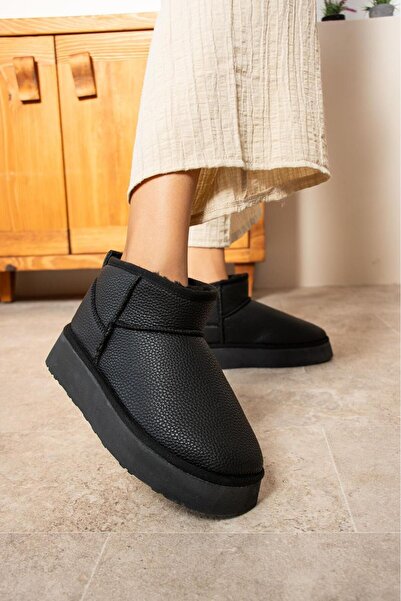 TREND İçi Kürklü Kalın Taban Süet Deri Bot Siyah Renk