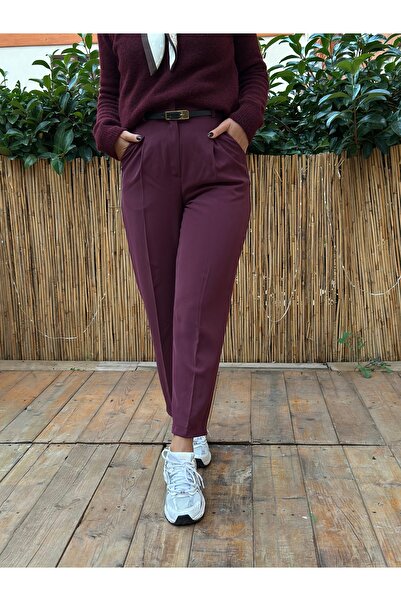 nidistore Women's Burgundy Pleated Belted Trousers
