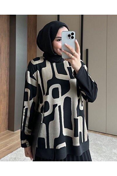 Ahi Geometric Patterned Hijab Dress Knitwear Top Pleated Skirt