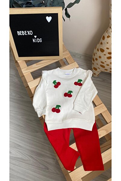 nikuby Baby Girl Ruffled Cherry Embroidered Snap-Shoulder Top and Bottom 2-Piece Set (9-12-18 Months)