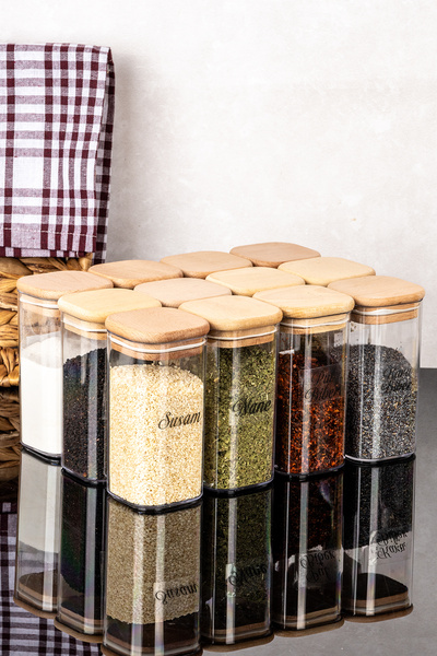 dnshome 12 Adet Bambu Vakum Kapaklı Mika Saklama Kabı Baharatlık Seti Şeffaf ...