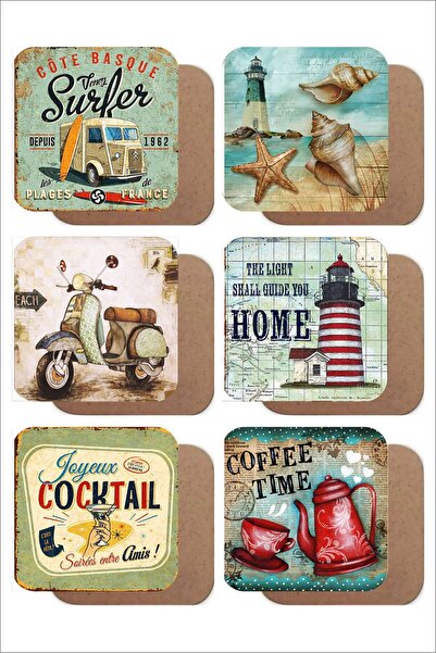 UNT Retro Themed Set of 6 Mdf Uv Printed Coasters – Colorful Modern Design