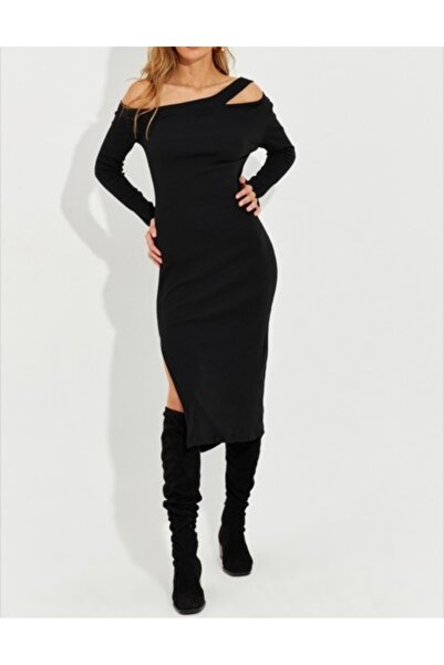 Be Best Women's Black Asymmetrical Neckline Window Slit Midi Dress Be189