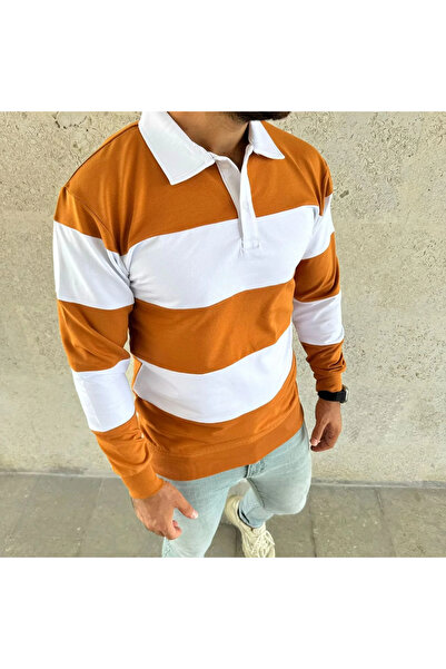 mzpkartan Men's Polo Neck Long Sleeve Striped Sweatshirt Trend Rugby Style - Orange