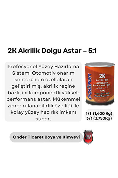 POLIFUR 2K Akrilik Astar 5:1 1,400 Kg| Yüksek Dolgu-Hızlı kuruma-Mükemmel Yap...