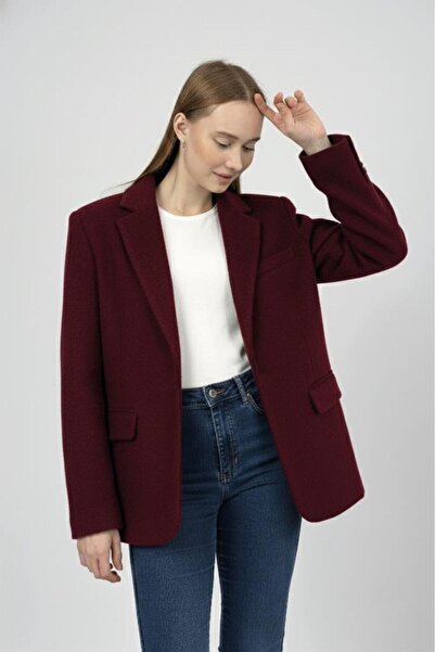 Betimoda Women's Plush Belted Feather Jacket Burgundy