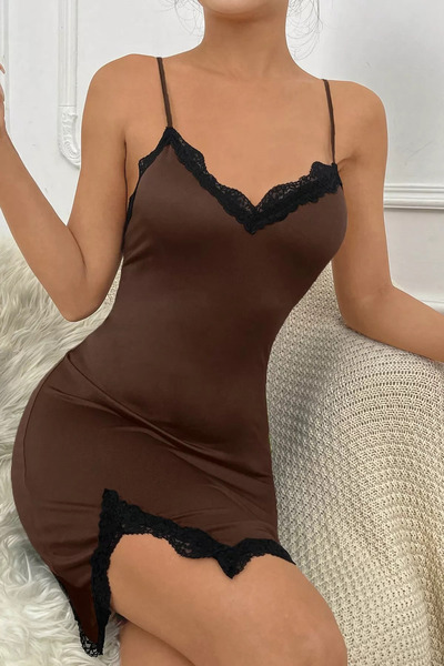 Zikuv Slit Stylish Dress with Brown Bust and Legs Decorated with Lace