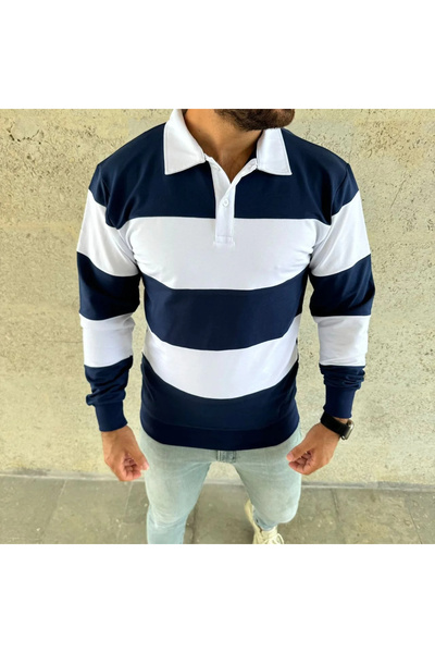 Alfanora Men's Polo Neck Long Sleeve Striped Sweatshirt Trend Rugby Style - Navy Blue