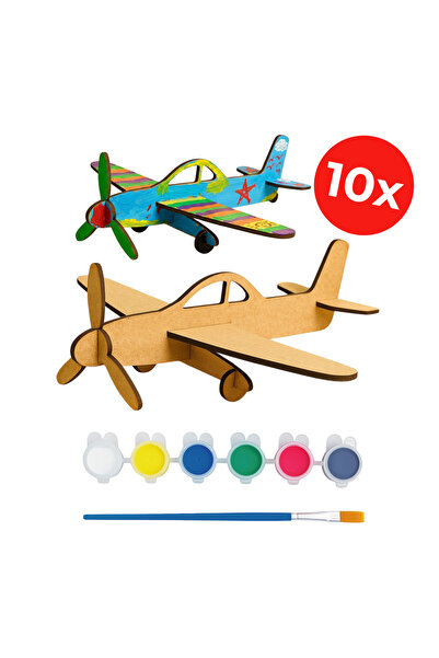 KİDOSE Uçak Etkinlik Seti - Ahşap Uçak Boyama - Uçak Tasarım Kiti - 10'lu