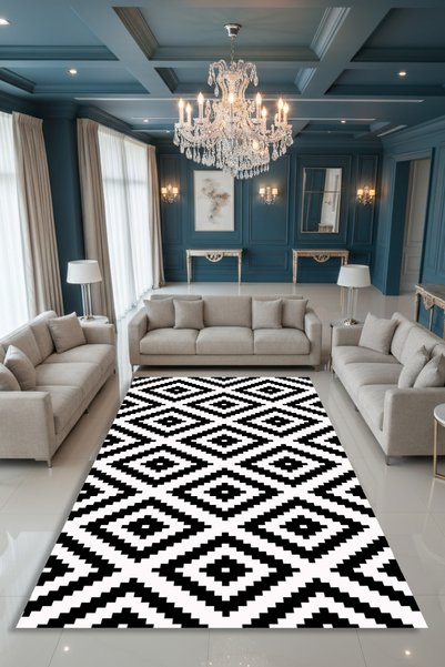 Kessy Home Studio Blera Siyah Beyaz Etnik Desenli Dijital Baskı Yıkanabilir H...