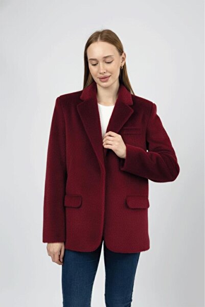 Betimoda Women's Plush Belted Feather Jacket Burgundy