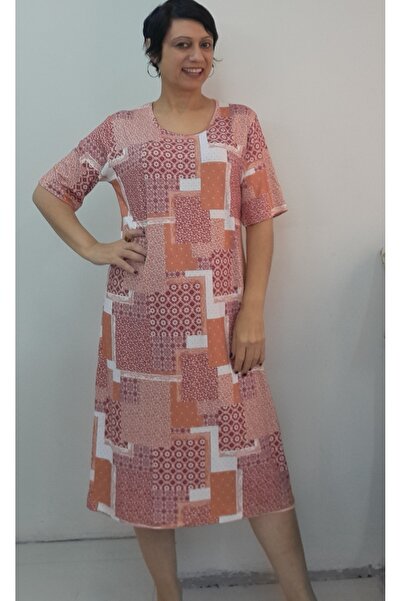 Mertcan Butik Tile White Burgundy Floral Print Short-Sleeved Combed Viscose Dress