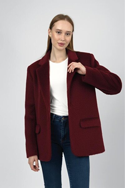 Betimoda Women's Plush Belted Feather Jacket Burgundy