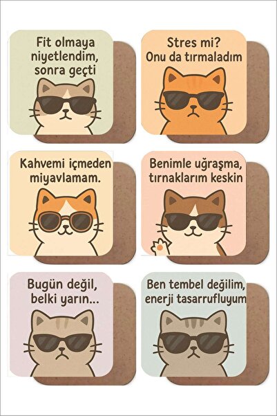 UNT Talking Cats Themed Set of 6 Mdf Uv Printed Coasters – Colorful Modern Design