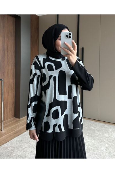 Ahi Geometric Patterned Hijab Dress Knitwear Top Pleated Skirt