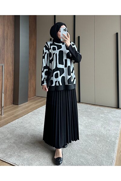 Ahi Geometric Patterned Hijab Dress Knitwear Top Pleated Skirt