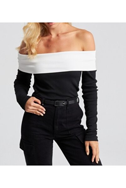 Be Best Women's Black-White Madonna Collar Ribbed Knit Blouse Be191