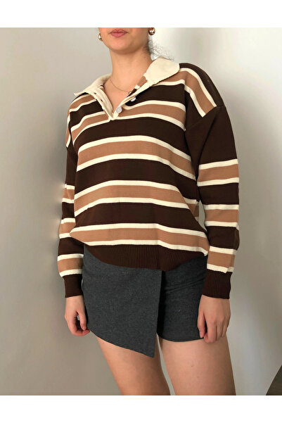 FREZZBİ Striped Buttoned Polo Neck Women's Knitwear Sweater