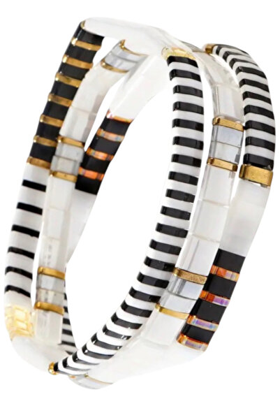 NAZLI TAKILAR مجموعة من 3 أساور مصنوعة يدويًا من الخرز الزجاجي المرن من ميوكي...