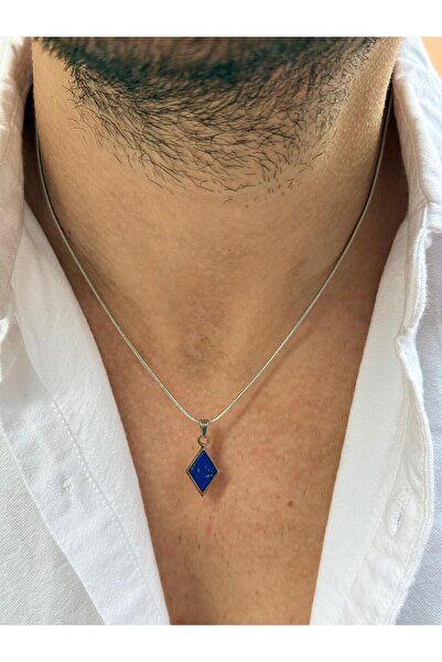 Fjellor Glóin Erkek Lacivert Lapis Lazuli Doğal Taşlı Baklava Model Paslanmaz Çelik Kolye