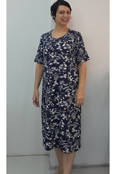 Mertcan Butik Navy Blue White Floral Print Short Sleeve Combed Viscose Dress