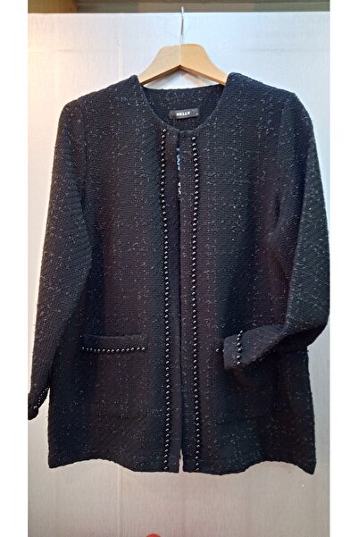 Nelly Büyük Beden Siyah Renk Simli Kumaştan İncili Ceket