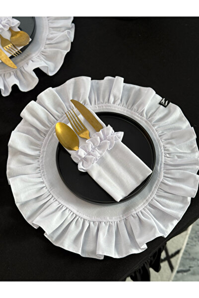 KaiAtelier Set de 4 servicii americane rotunde din in alb, cu volane, din lenjerie de pat albă
