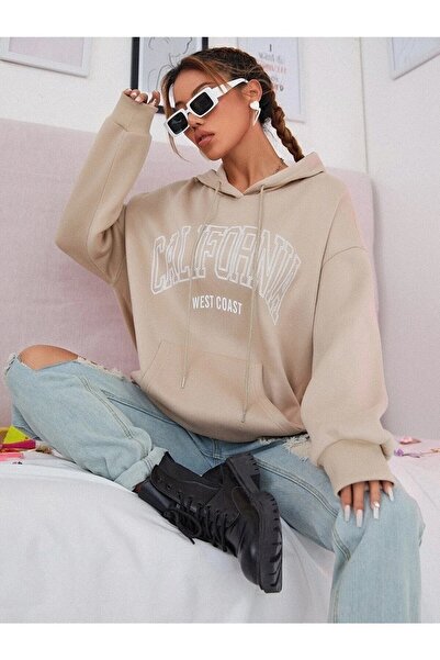 LUSHN سويت شيرت بغطاء للرأس بطبعة كاليفورنيا مقاس كبير