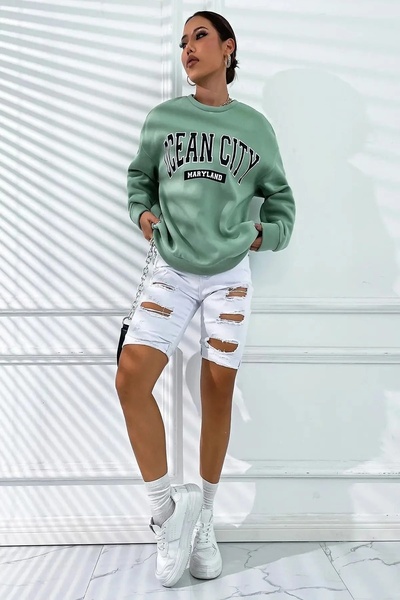 LUSHN طاقم الرقبة المطبوعة البلوز الأخضر المائي