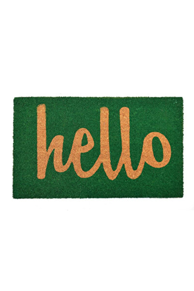jo&mo Green "hello" Script Coir Doormat, 45x75cm, Non-Slip, Earthy Modern Entry Mat, 1.5cm Thick