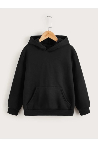 LUSHN Plus Size 3 Thread Plain Black Unprinted Oversize Hooded Sweatshirt