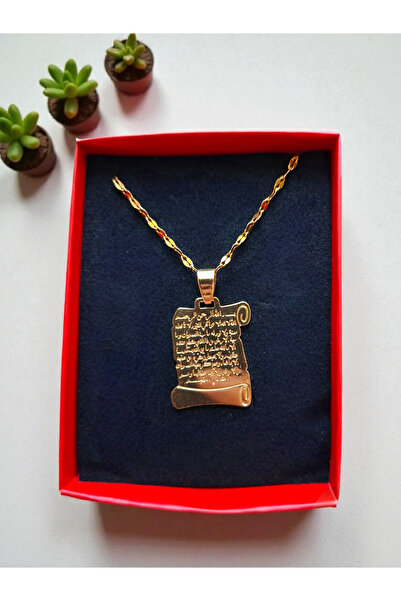 Ruemora Altın Renk Parşömen Şekilli Ayetel Kürsi Yazılı Çelik Kolye