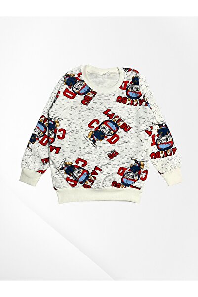Pajama Shop Boys' Cotton White Color Labubu Patterned Fleece-Lined Long Sleeve Winter Pajama Set