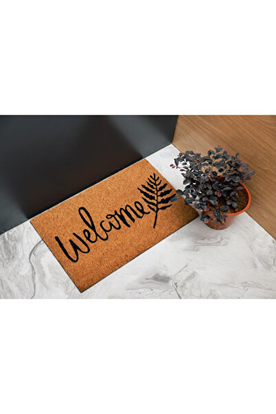 jo&mo Welcome Cursive Coir Doormat with Fern Leaf, 35x55cm, Non-Slip, Minimalist Botanical Entry Mat