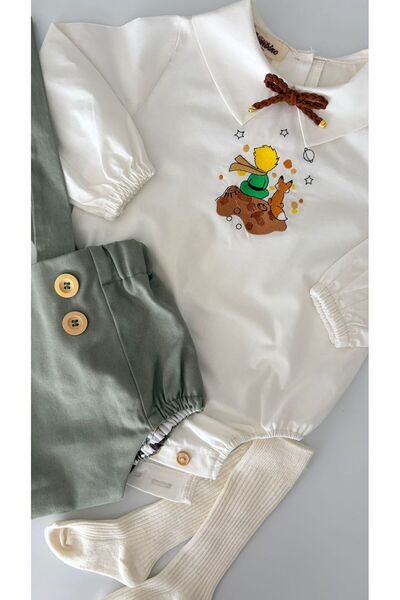 il mio bambino Handmade 100% Cotton Baby Boy Little Prince Embroidered Shirt Green Overalls Shorts - Romper Set