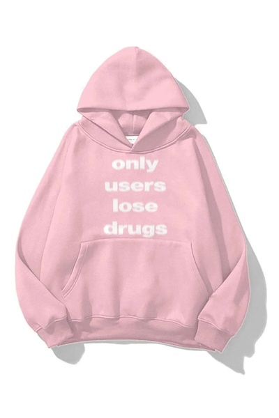 LUSHN Plus Size Powder Pink Slogan Printed 3 thread Oversize Hooded Sweatshir...