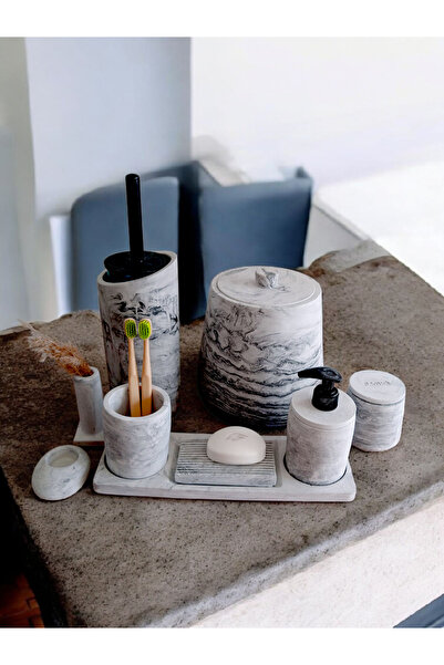 Trust Stone طقم حمام من الخرسانة الأنثراسيت يشمل موزع صابون سائل وحامل فرشاة ...