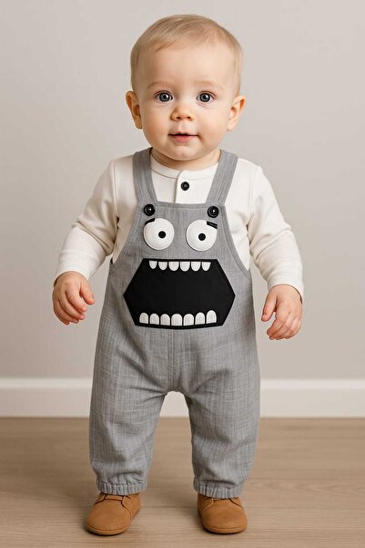 krm kerem bebe Baby Boy Long Sleeve T-Shirt and Patterned Salopet Set