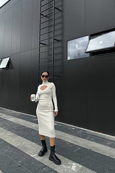 ForOus Cream Fishneck Long Knit Dress with Breast Detail