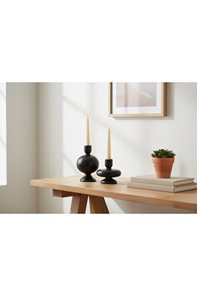 TULİ Siyah Modern Seramik Mumluk Dekoratif 2'li Set