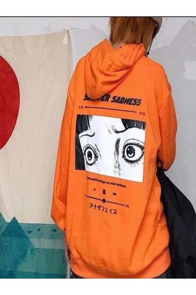 LUSHN Plus Size Orange Hooded Anime Character Printed Oversize Sweatshirt