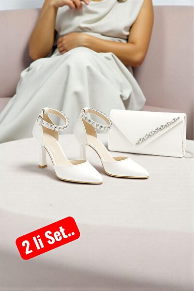 Famels Short Heeled Shoes White Skin Ankle with Stones, Evening Dress Shoes and Evening Dress Bag Set with Stones