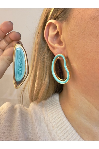 Snartun Gold Turquoise Asymmetrical Shaped Earrings – Modern and Artistic Women's Jewelry |   Special Boxed